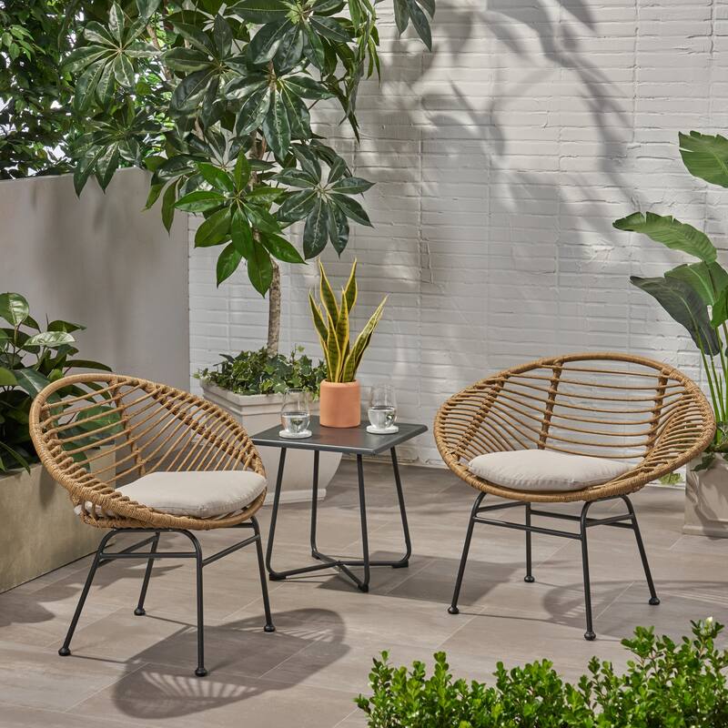Roomfitters Boho Rattan Lounge Chairs with Metal Legs and Cushions, Set of 2 for Indoor Outdoor Use - Beige