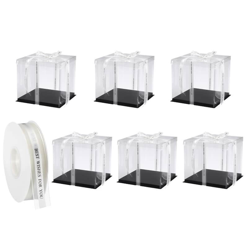 Clear Cake Box with Ribbon, 6Pcs 10"x10"x10" for 8 Inch Cake Packing - Black