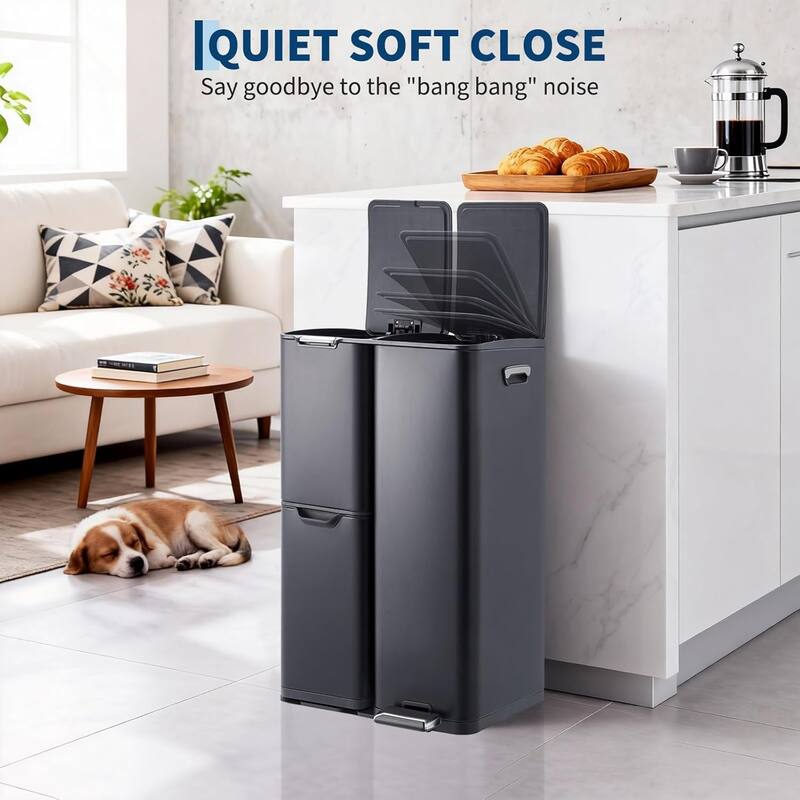 16-Gallon Stainless Steel Triple Recycling Bin 3 Removable Buckets Sliver