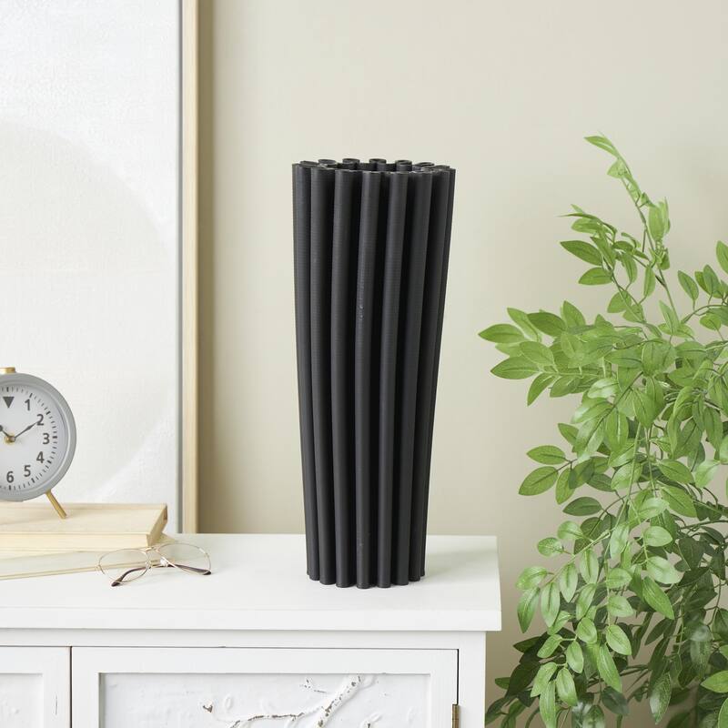 Ceramic Abstract Dimensional Ribbed Decorative Vase with Cylindrical Ridges - Black - Roche River Decor