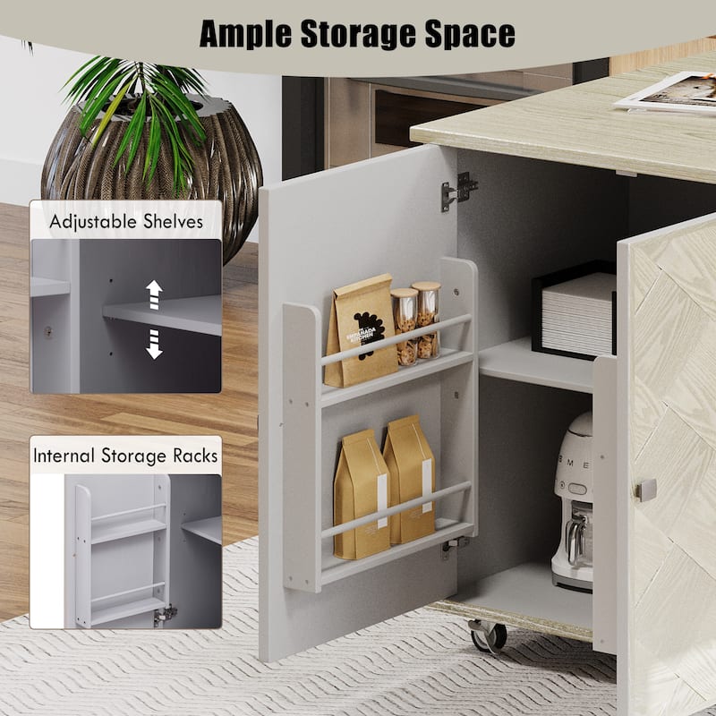 51.2" Wood Rolling Kitchen Island w/ Drop Leaf, Internal Storage Rack