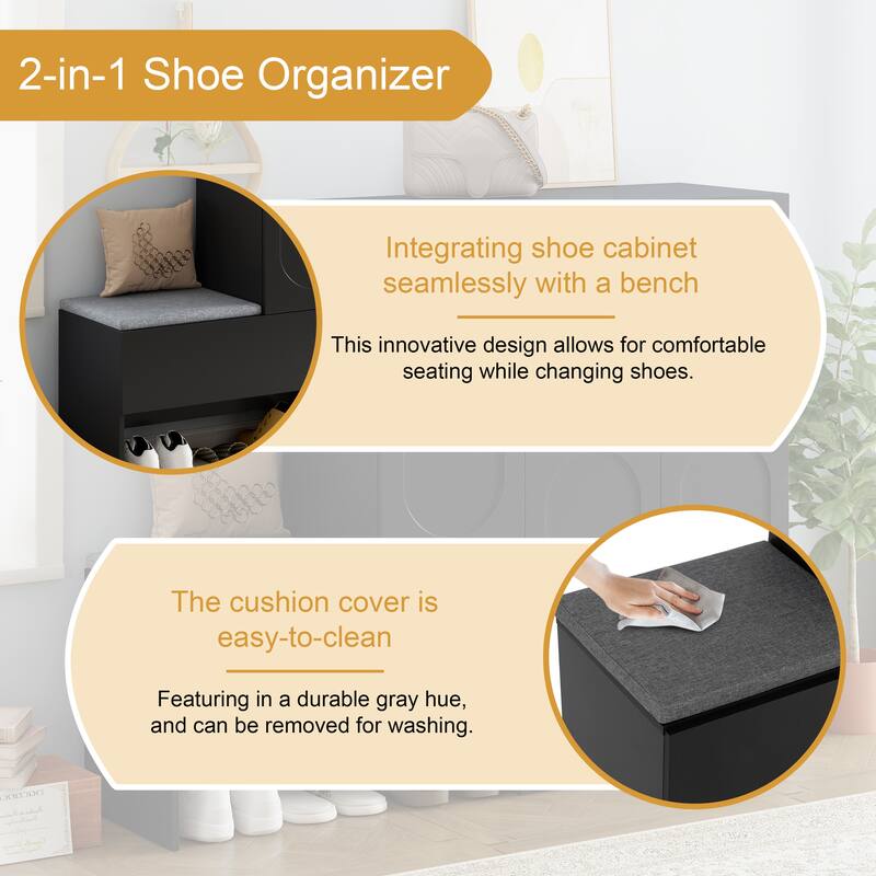 Elegant 2-in-1 Shoe Cabinets with Soft Cushion, Modern Storage Bench with Rebound Devices & Adjustable Shelves