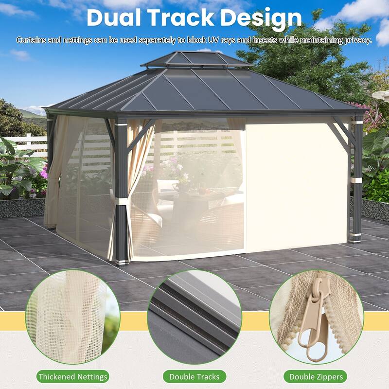 Waterproof Aluminum Gazebo w/ Double Roof & Netting - Patio, Garden Pergola