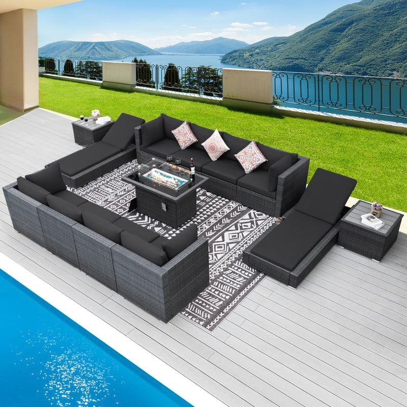 FINCATI 13-Piece Wicker Sectional Patio Conversation Set with 43" CSA Fire Pit, High-Back Deep Seating, Lounge Chaise, Dual Fuel
