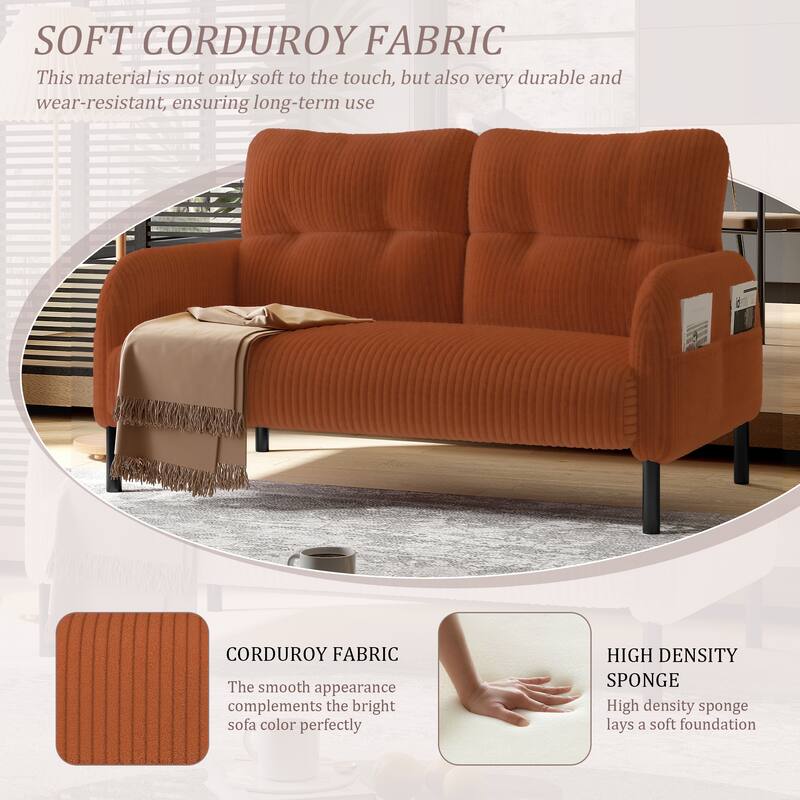 Small Corduroy Upholstered Loveseat Sofa, Lounge Sofa Chair with Double Side Pockets, High-Density Sponge 2 Seater Sofa