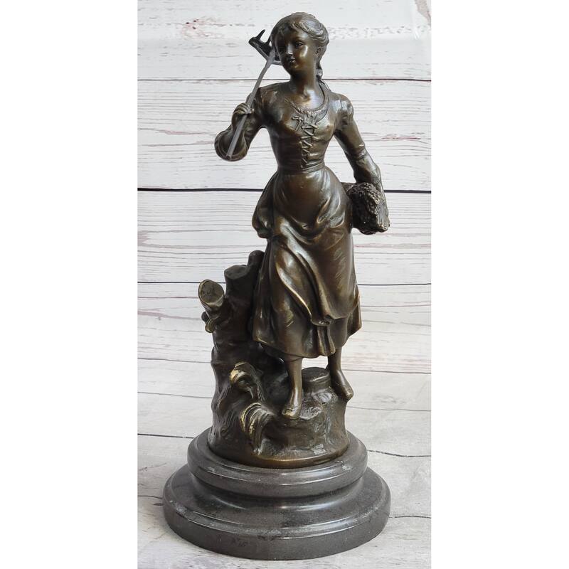 Peasant Farmer Girl W/ Rake Harvest Bronze Statue Sculpture Figure Desmure 12 Inches X 6 Inches