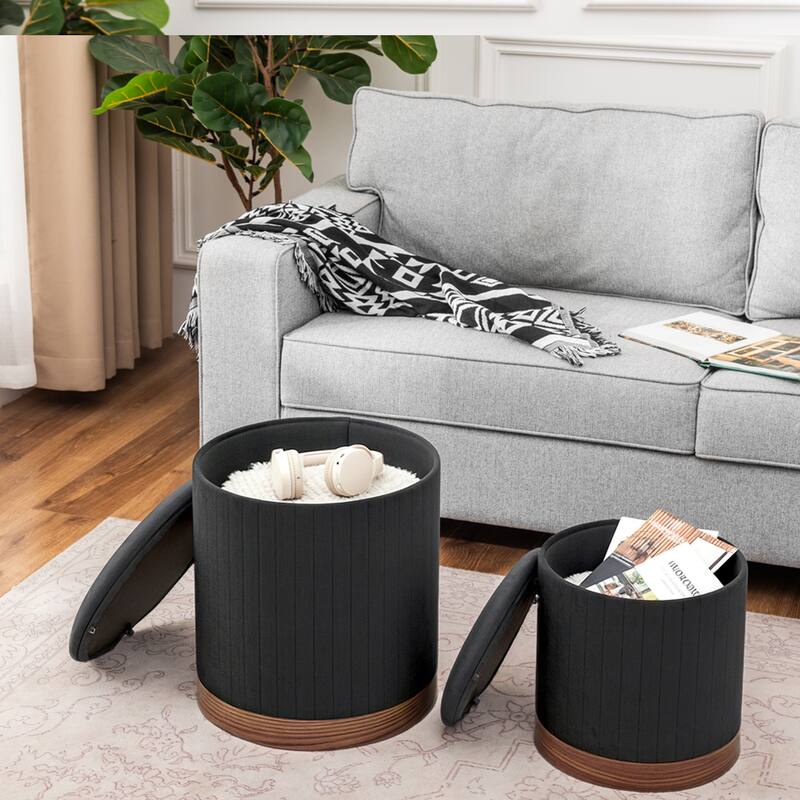 Adeco Round Velvet Storage Ottoman Vanity Stool Footstool (Pack of 2)