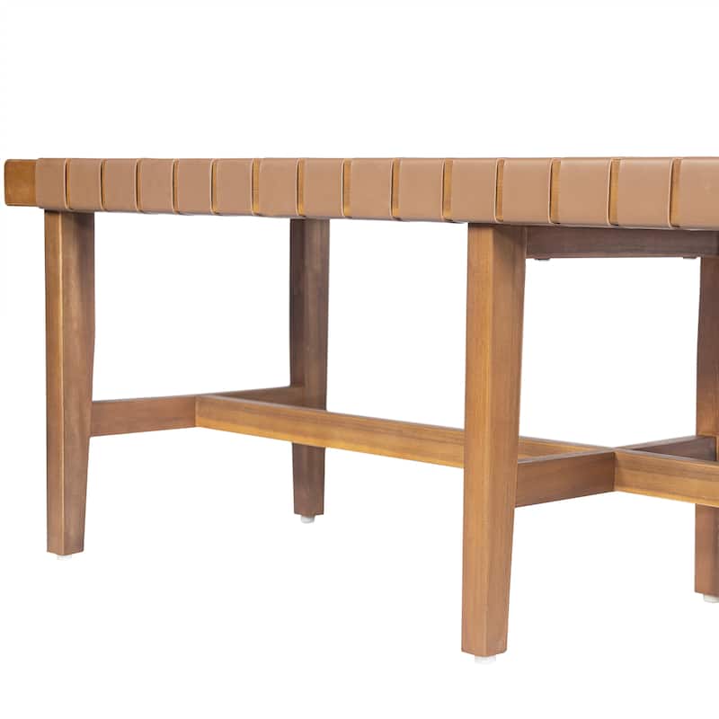 Stylish Acacia Wood Bedroom Bench with Woven PU Leather Seat