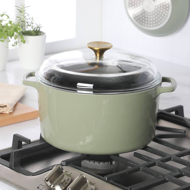 Sur La Table Enamel-Coated Cast Iron Dutch Oven Pot with Oven Safe Glass Lid, Oven-to-Table Cookware for Stews & Braising