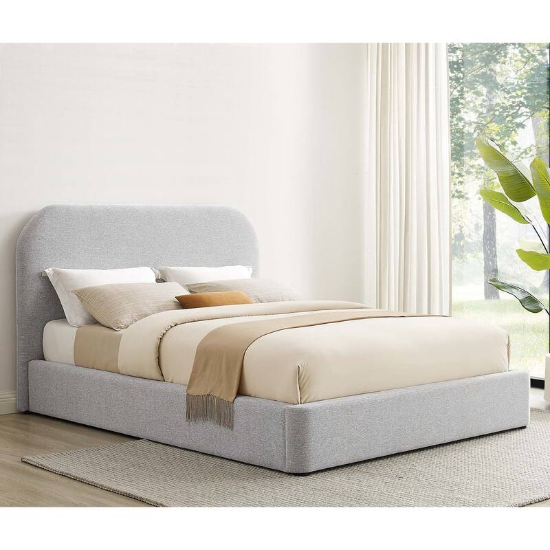 Hillsway Modern Curved Headboard Light Grey Fabric Upholstered King Size Platform Bed