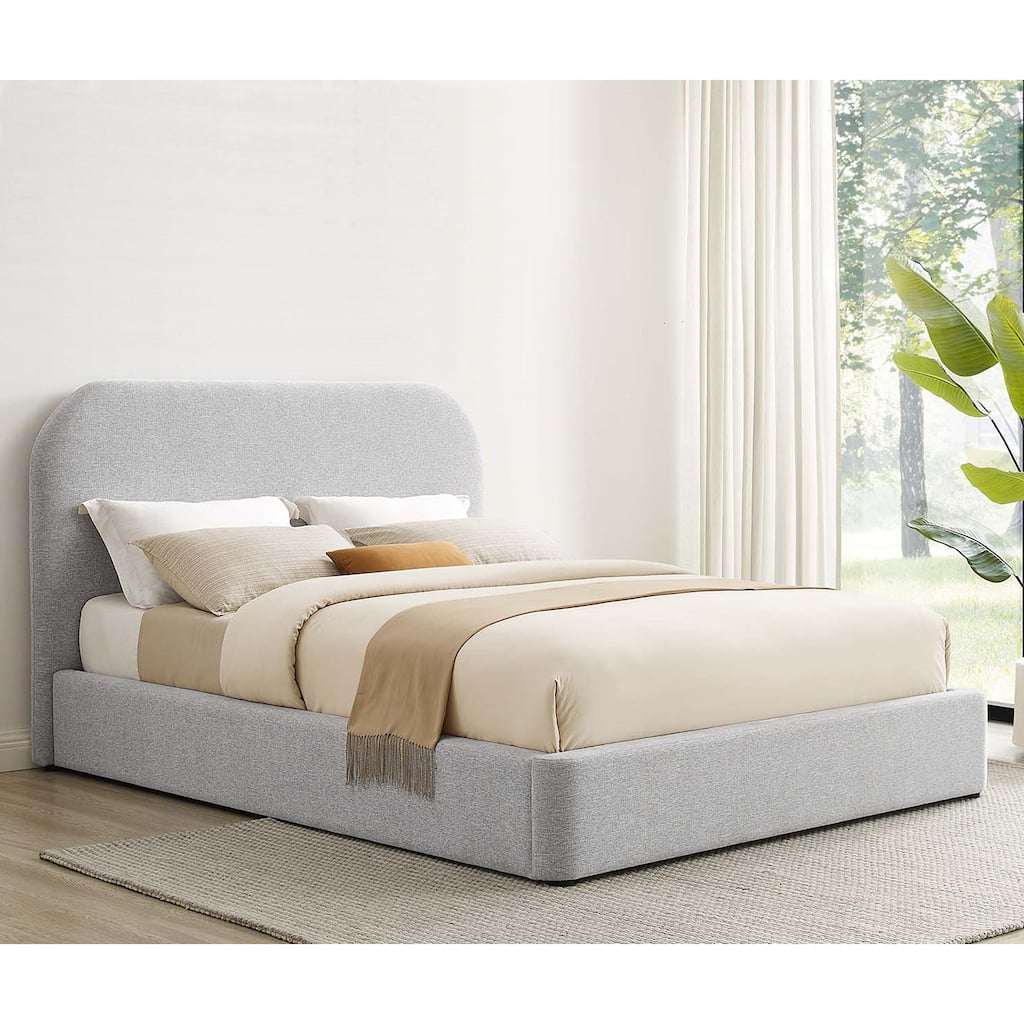 Hillsway Modern Curved Headboard Light Grey Fabric Upholstered Queen Size Platform Bed