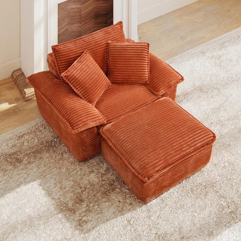 Rossetta Modern Modular Luxurious Corduroy-Fleece Fabric Double-Layer Cushion Design Deep Seat Sofa with 1 Ottoman - Orange
