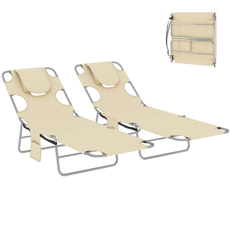 Outsunny Chaise Lounge Chair Outdoor Set of 2 with Face Arm Hole, 5-Position Reclining Face Down Tanning Chair with Carry Strap