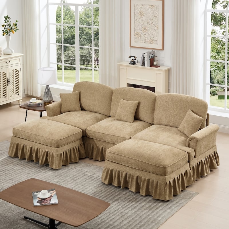 U-shaped Classic Modular Comfy Sectional Sofa with Ottomans & Ruffles Pleats Skirts