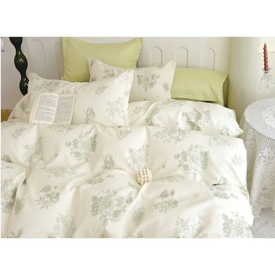 Janet Light Green100% Cotton Floral Reversible Duvet Cover Set Queen/Full