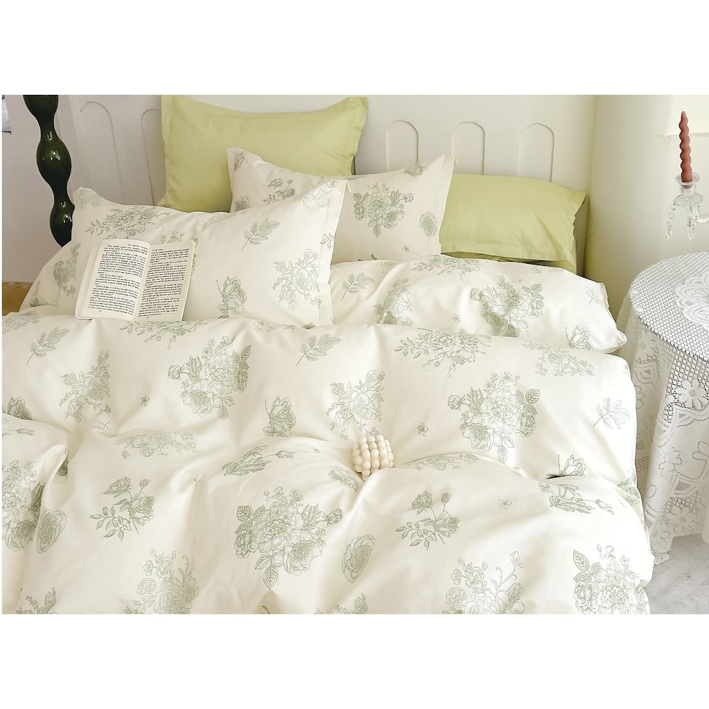 Janet Light Green100% Cotton Floral Reversible Duvet Cover Set Queen/Full