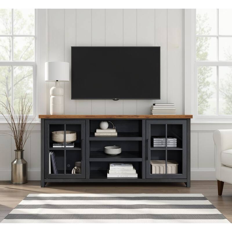 Bridgevine Home Modern Farmhouse 67 inch TV Stand Console for TVs up to 80 inches, No Assembly Required, Two-Tone Finish - Black and Whiskey