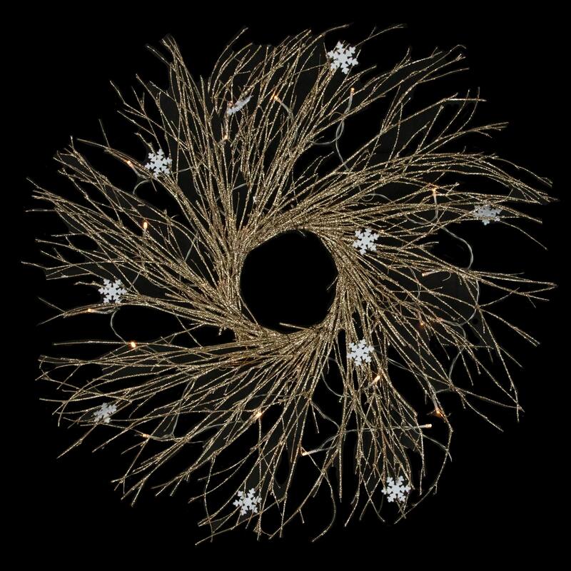 28" Champagne Glittered Artificial Twig Christmas Wreath white LED