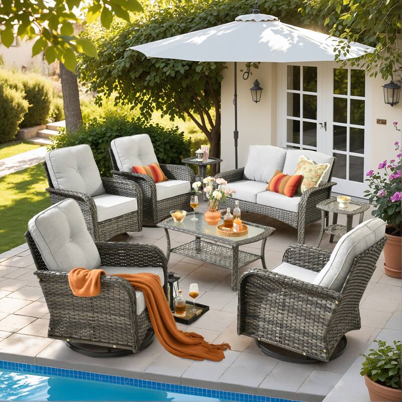 HOOOWOOO 8-piece Wicker Rattan Outdoor Furniture Patio Swivel Chair Set - Grey