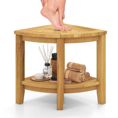 Gymax Corner Shower Stool Teak Wood Shower Bench w/ Storage Shelf