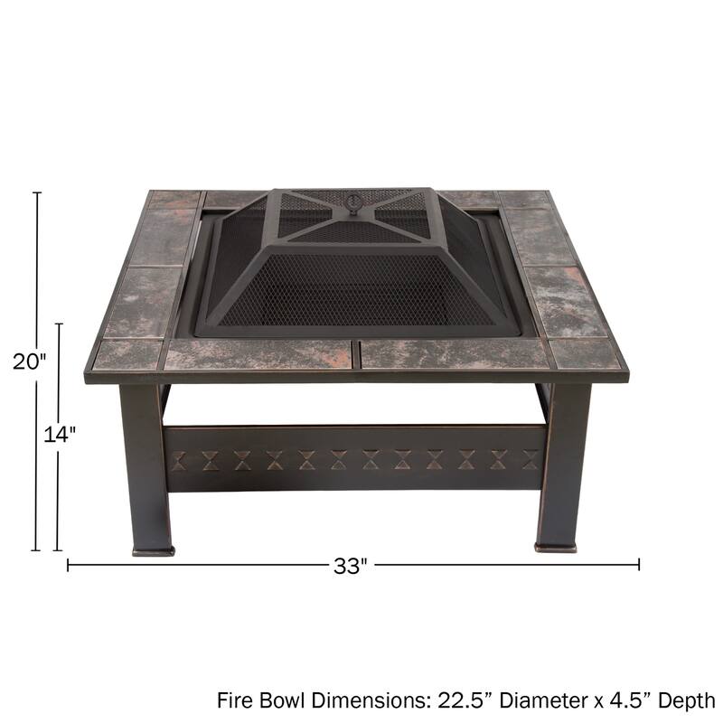 Pure Garden Bronze 32-inch Square Fire Pit with Marble Tile Edge - 32 x 32 x 18