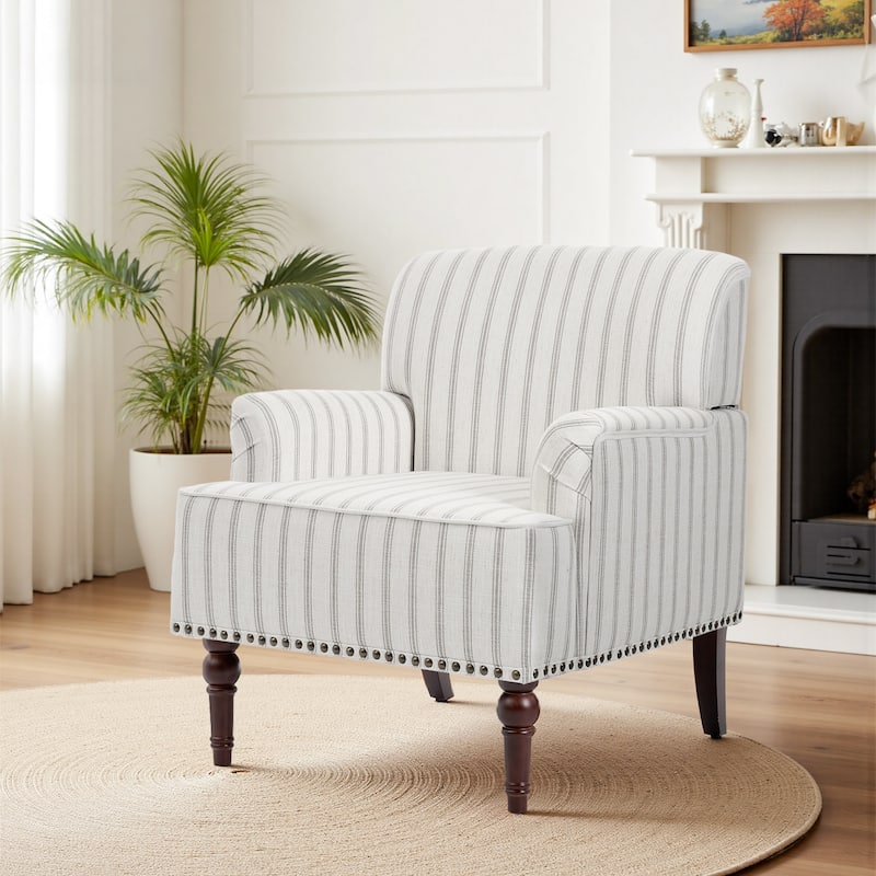 Linen Accent Chairs Nailhead Trim Armchairs with Wooden Legs - Pinstripe Grey