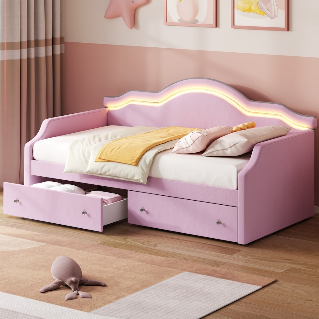 Pink Velvet Twin Upholstered Daybed with LED Lights and Storage Drawers
