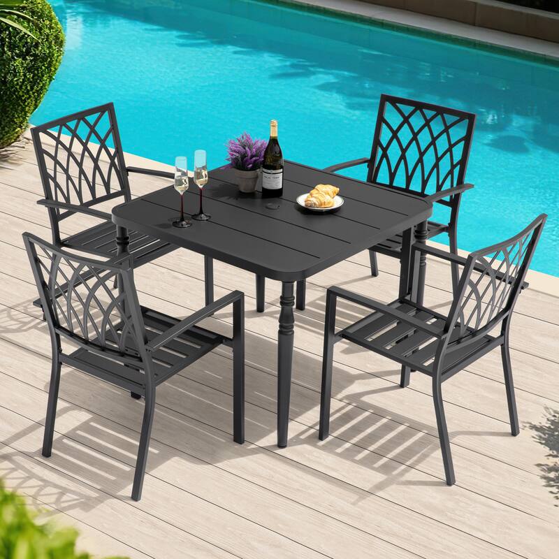 5PCS Patio Dining Set with 4 Stackable Chairs and Umbrella Hole, Black