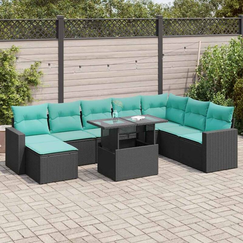 vidaXL Patio Sofa Set with Cushions and Table Outdoor 9 Piece Poly Rattan - 24.4 x 24.4 x 27.2 - Black with storage