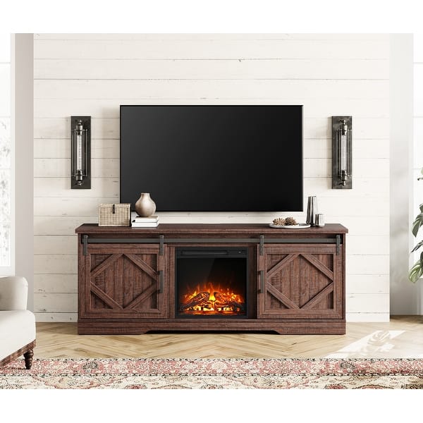 Fireplace TV Stand Farmhouse Sliding Barn Door Entertainment Center ...