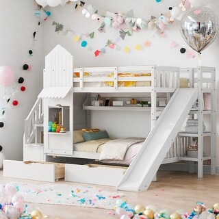 Twin-Over-Twin Castle Style Bunk Bed with 2 Drawers 3 Shelves and Slide