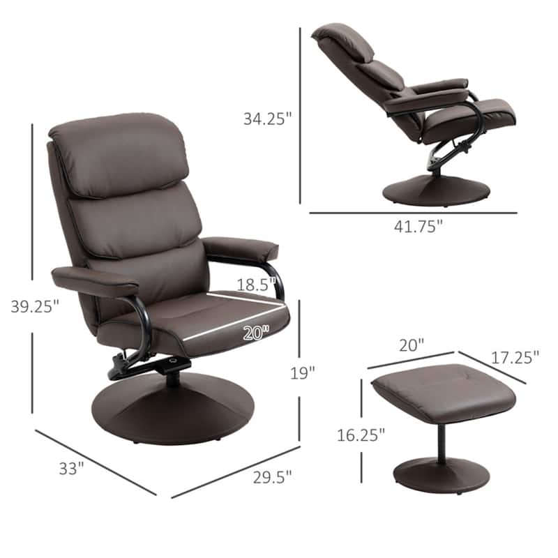 PU Recliner with Ottoman, Swivel and Adjustable Recline - 29.5" W x 33" D x 39.25" H.