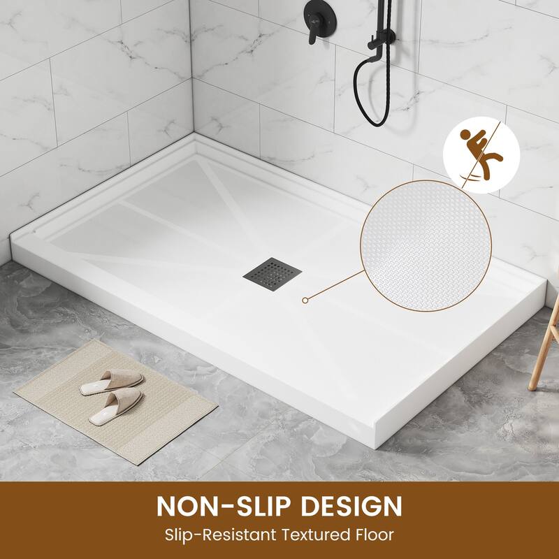 60 in. x 36 in. Elegant White Single Threshold Anti-slip SMC Rectangular Shower Base with Drain and Stainless Steel Drain Cover