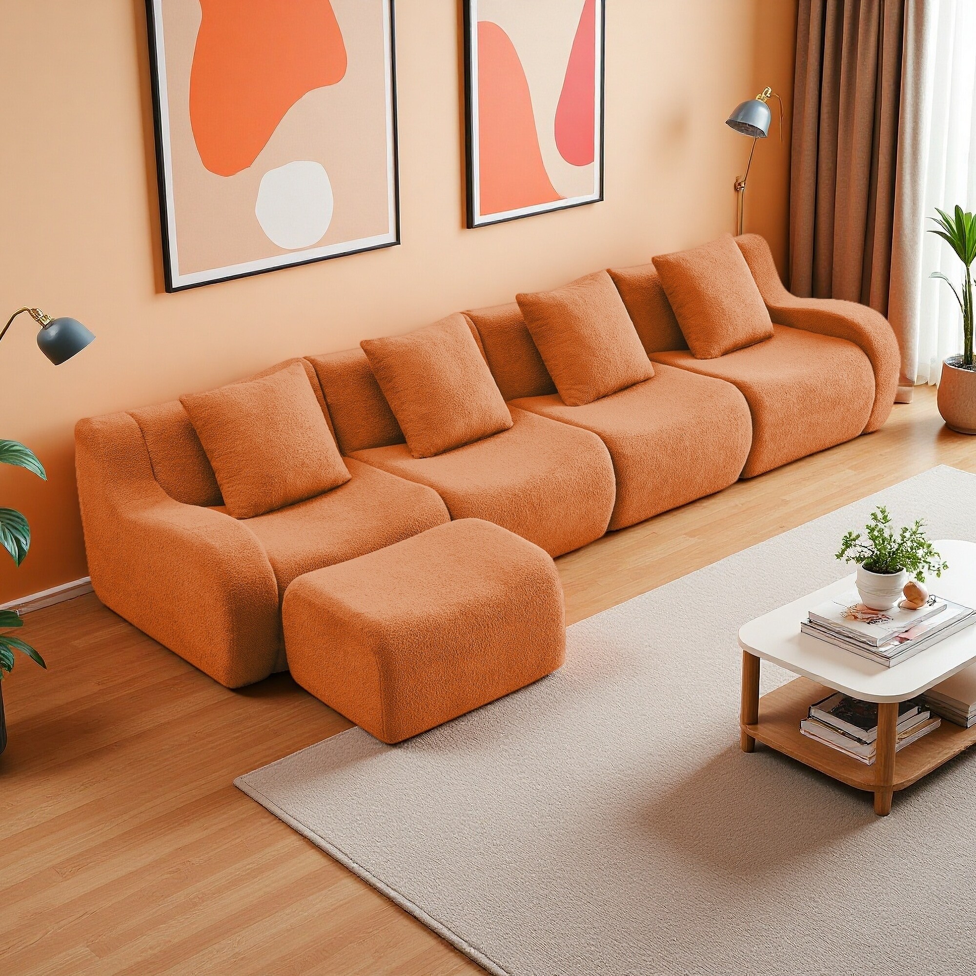 148" L-Shaped 4-Seat Teddy Fabric Modular Sectional Sofa with Chaise, No Assembly Required and Anti-Slip Design