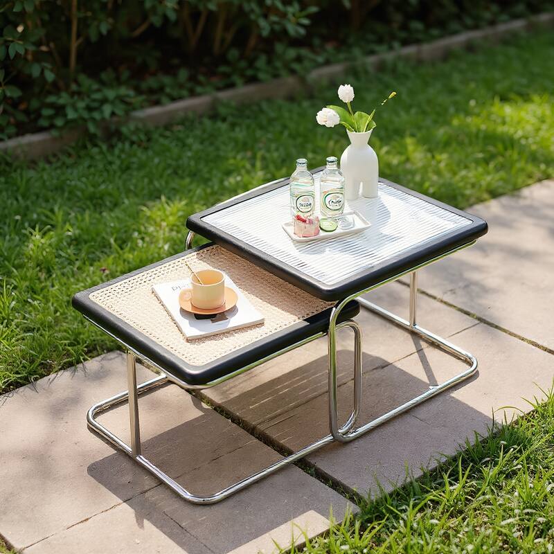 Modern Rattan & Glass Nesting Small Dining Table Black Coffee Tables