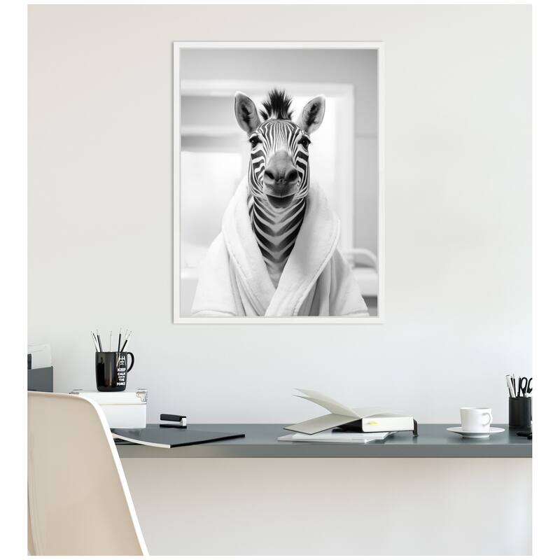 Kate and Laurel Sylvie Zebra Bathroom Art Towel Robe Black and White Framed Canvas by The Creative Bunch Studio
