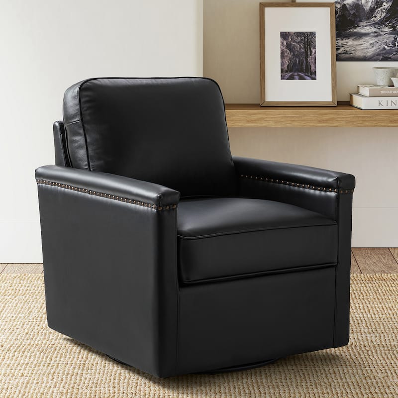 Rita Classic Genuine Leather Swivel Armchair With Nailhead Trims By HULALA HOME