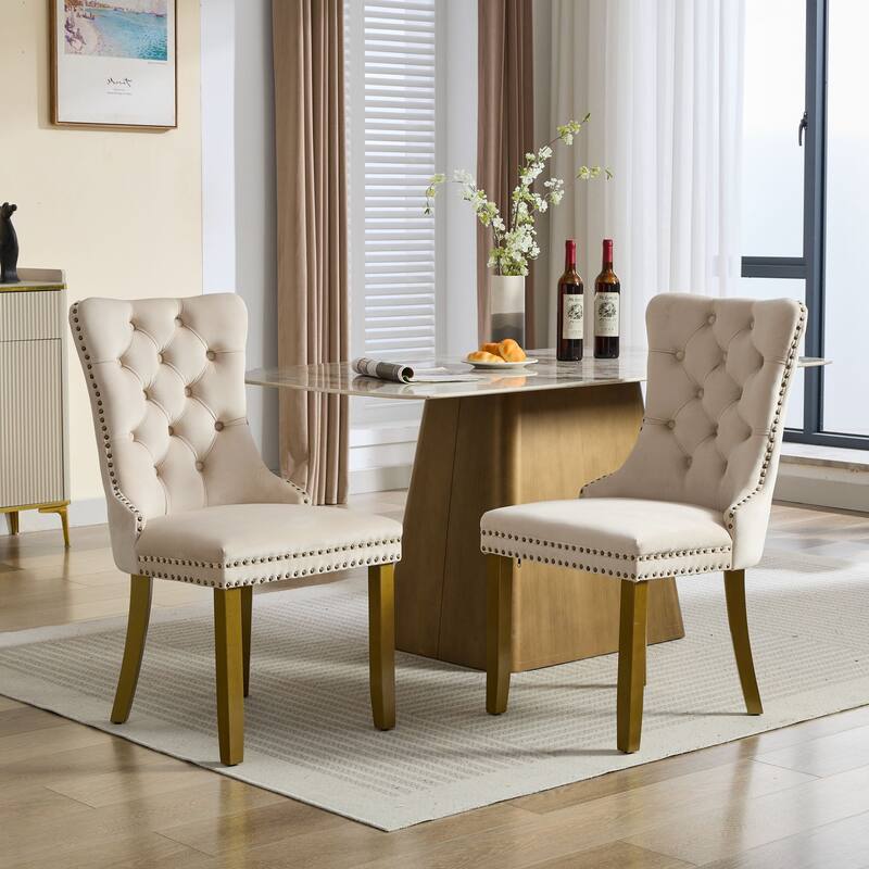 Velvet Dining Chairs Set of 2, Tufted Dining Chairs with Nailhead Trim, Kitchen Chairs with Lion Head Pulls Ring & Wooden Legs