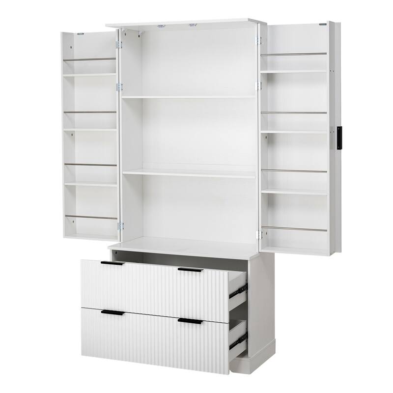 71.65" H Fluted Kitchen Pantry Cabinet, Freestanding Storage Cabinet Buffet Sideboard with 2 Large Drawers & 8-Door Spice Rack
