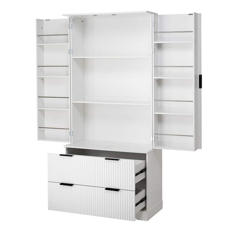 Fluted Kitchen Pantry Cabinet, 2 Doors Freestanding Kitchen Storage Cabinet with 2 Drawers, 8 Spice Racks & Adjustable Shelves