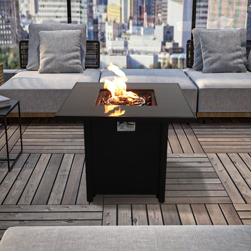 LSI 25'' H x 30'' W Steel Outdoor Fire Pit Table with Lid - Black