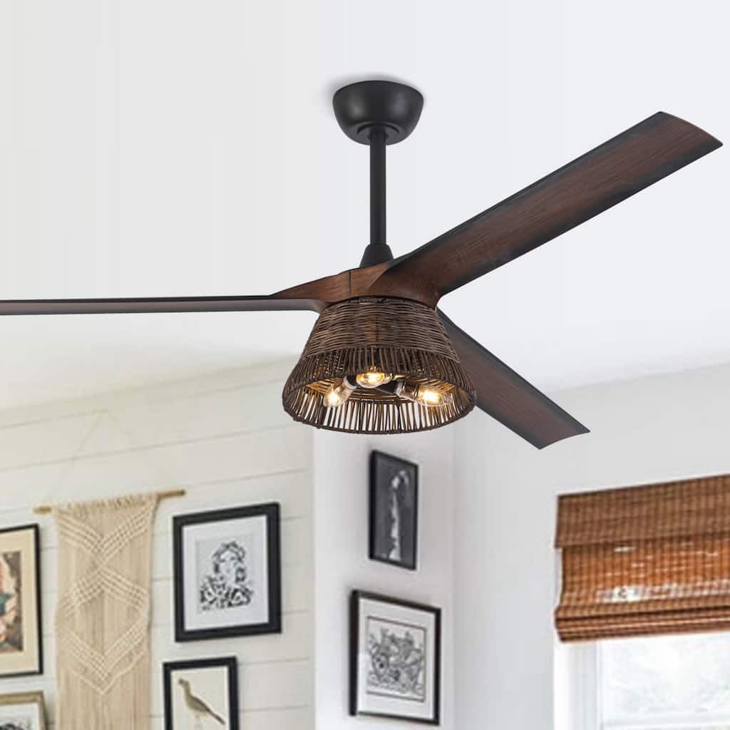 60" Natural 3-Blade Rattan LED Ceiling Fan with Remote and Light Kit
