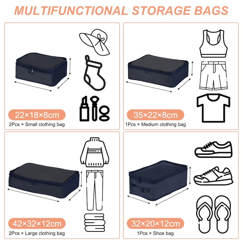6Set Packing Cube Travel Storage Bags Waterproof Luggage Organizer Bag - Navy Blue