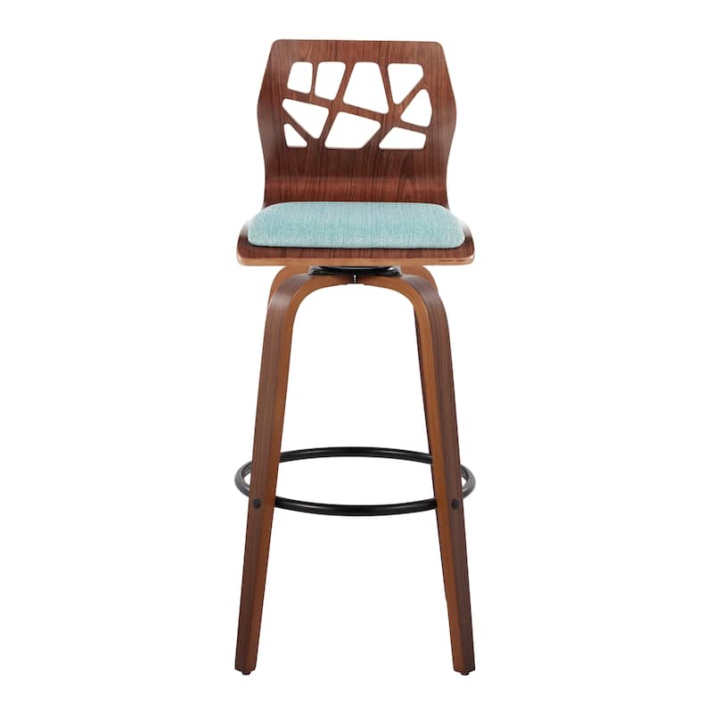 Carson Carrington Sala 30" Fixed-Height Bar Stool with Bent Wood Legs & Round Footrest (Set of 2) - Teal Fabric/Walnut Wood/Black Metal