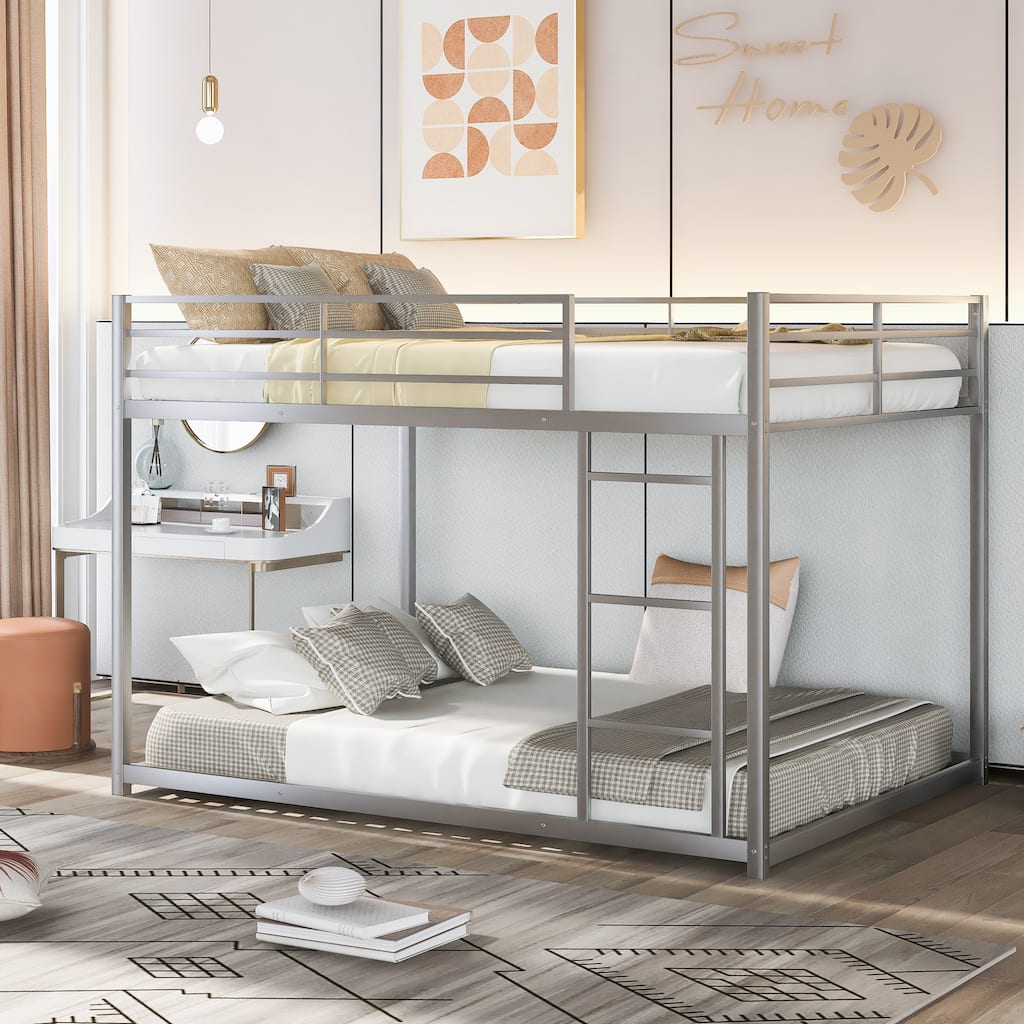 Modern Full Size Low Bunk Bed, Sturdy Metal Frame with Ladder - Silver