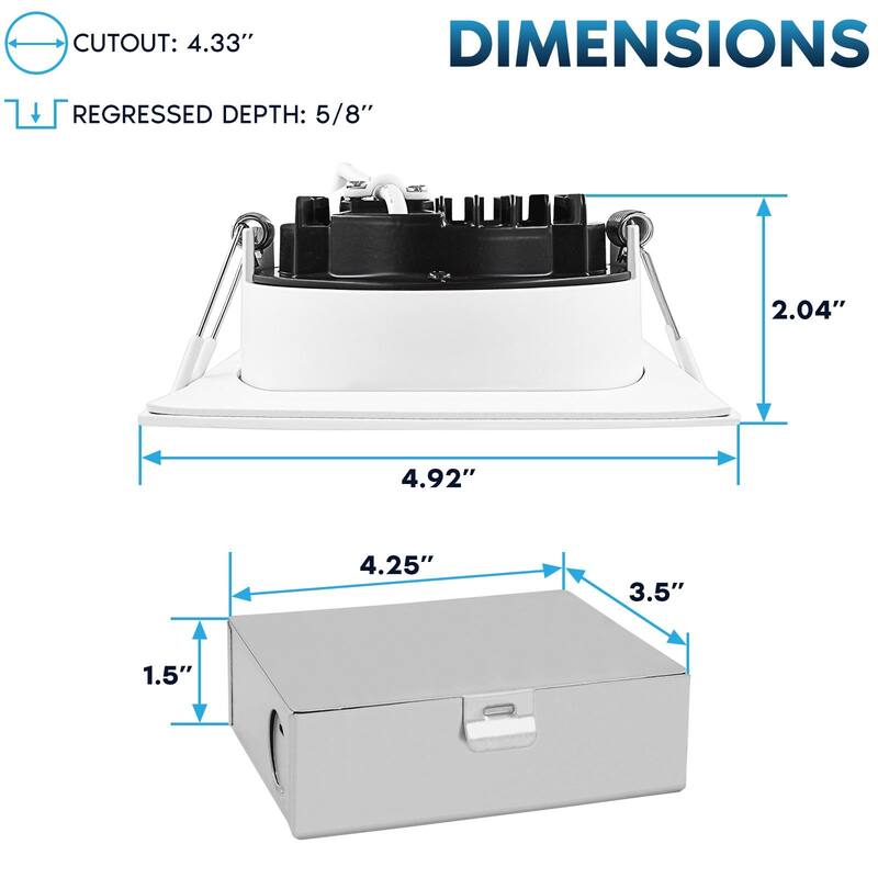 Luxrite 4" Square LED Recessed Ceiling Light J-Box 15W 5 Color Selectable 1300LM Dimmable Wet Rated ETL 6 Pack - 6 Pack