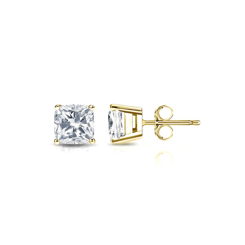 Auriya Lab Grown Cushion 4-Prong Diamond Stud Earrings 2.00 to 10.00 ct. tw. Push-Back (D-E VVS) - 2.00ct. wt. - Gold - Yellow