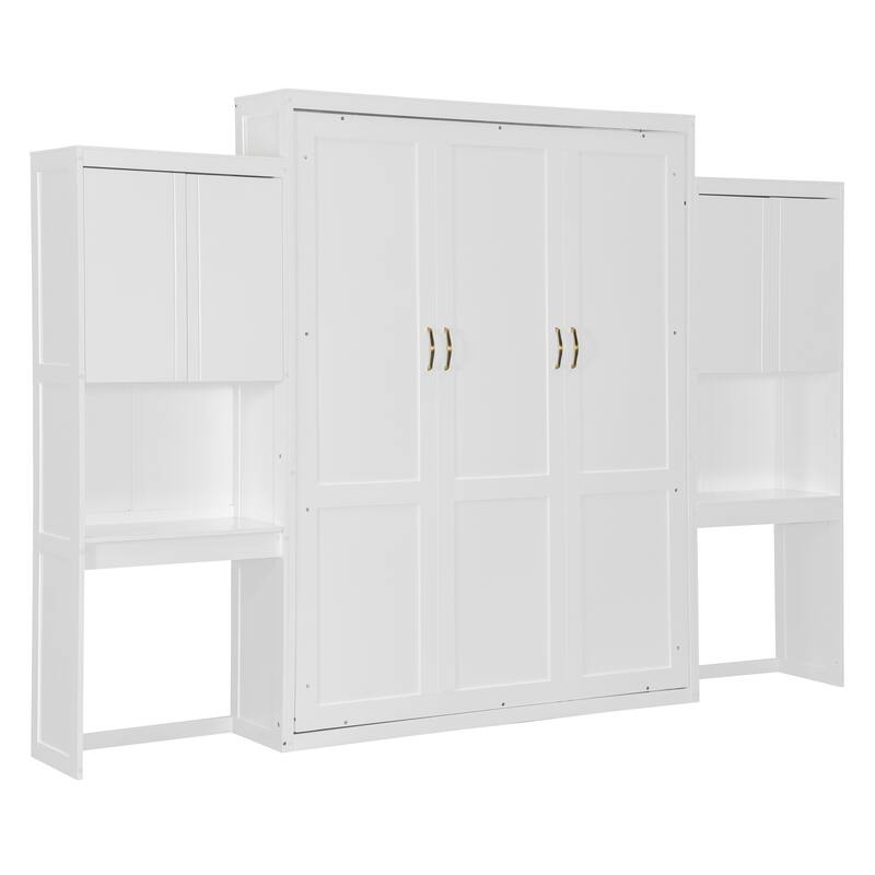 Queen Murphy Bed with Fold-Out Desk, Flip-Up Vanity Mirror, and Storage Cabinets, Space-Saving Design