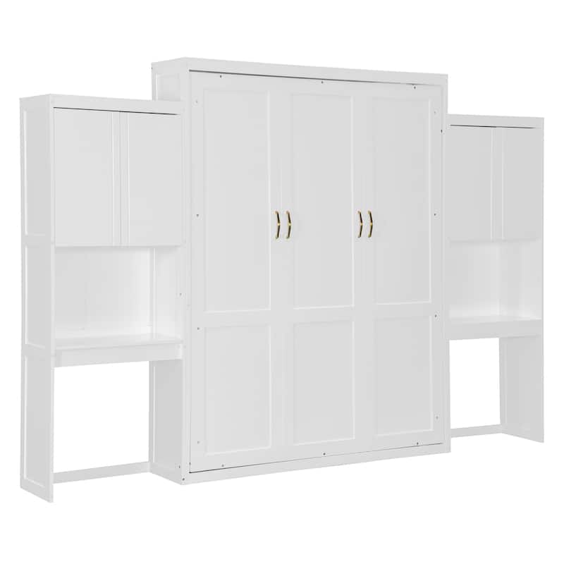 Queen Size Wooden Murphy Bed with Desk, Vanity and Cabinets