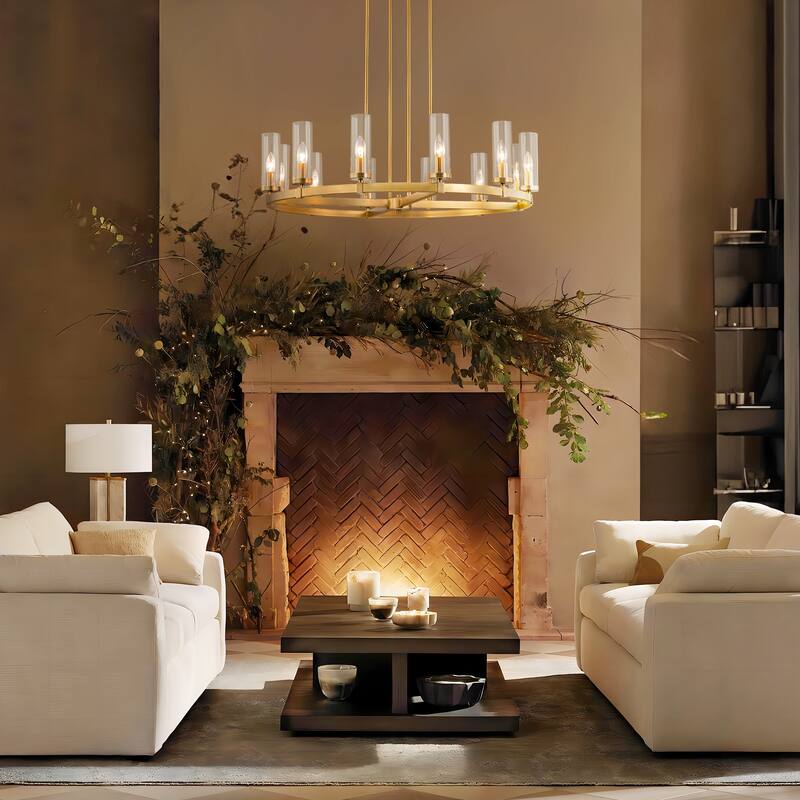 12-Light Mid-Century Modern Gold/Black Clear Glass Large Wagon Wheel Chandelier for Dining Room/ Living Room